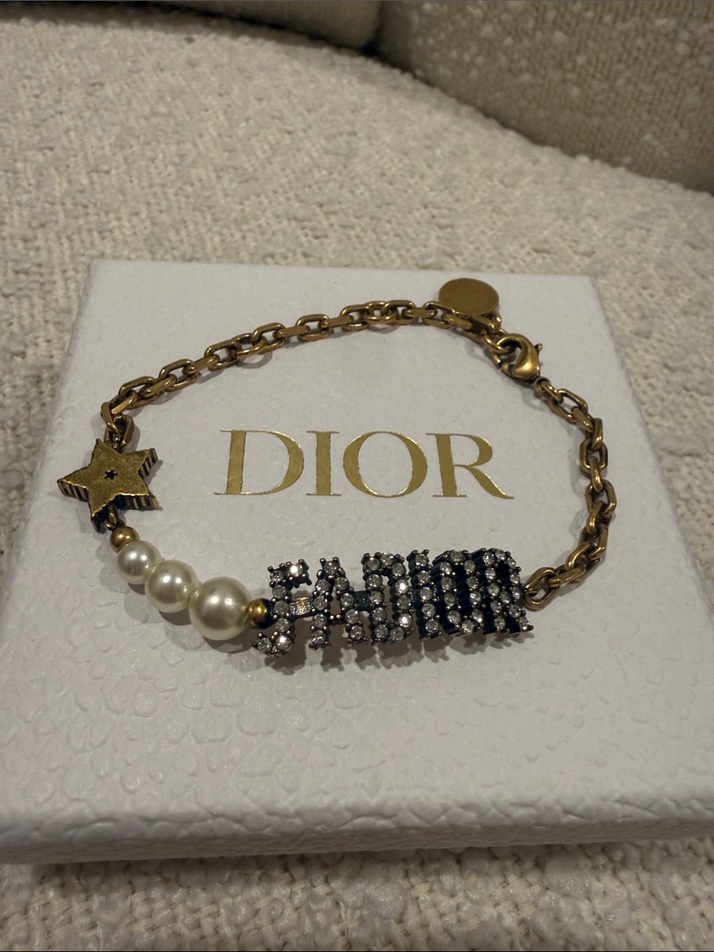 Dior J’Adior Gold Tone Chain Pearl & Crystal Bracelet